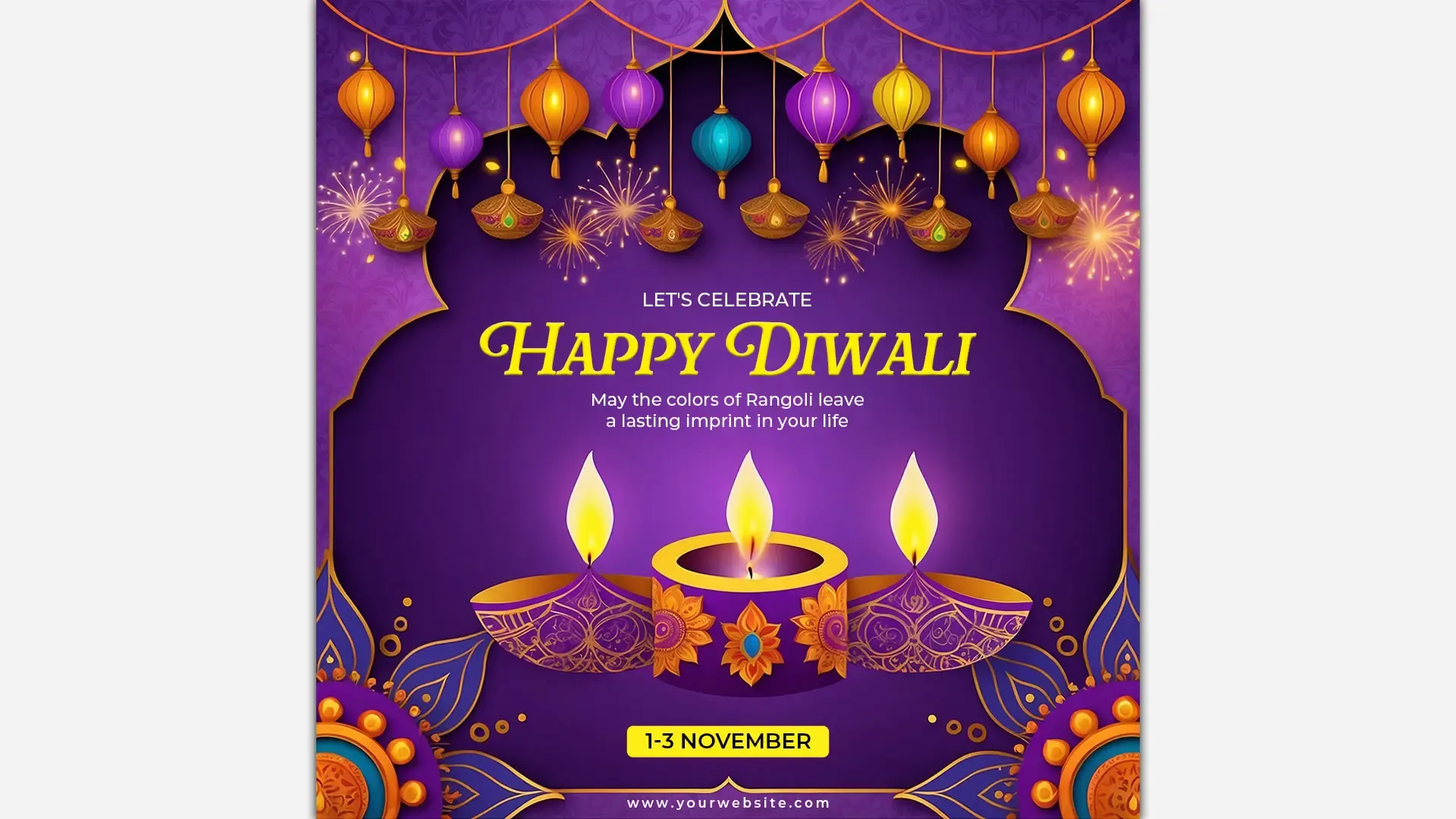 Elegant Diwali Celebration Instagram Post with Purple and Gold Lanterns PSD